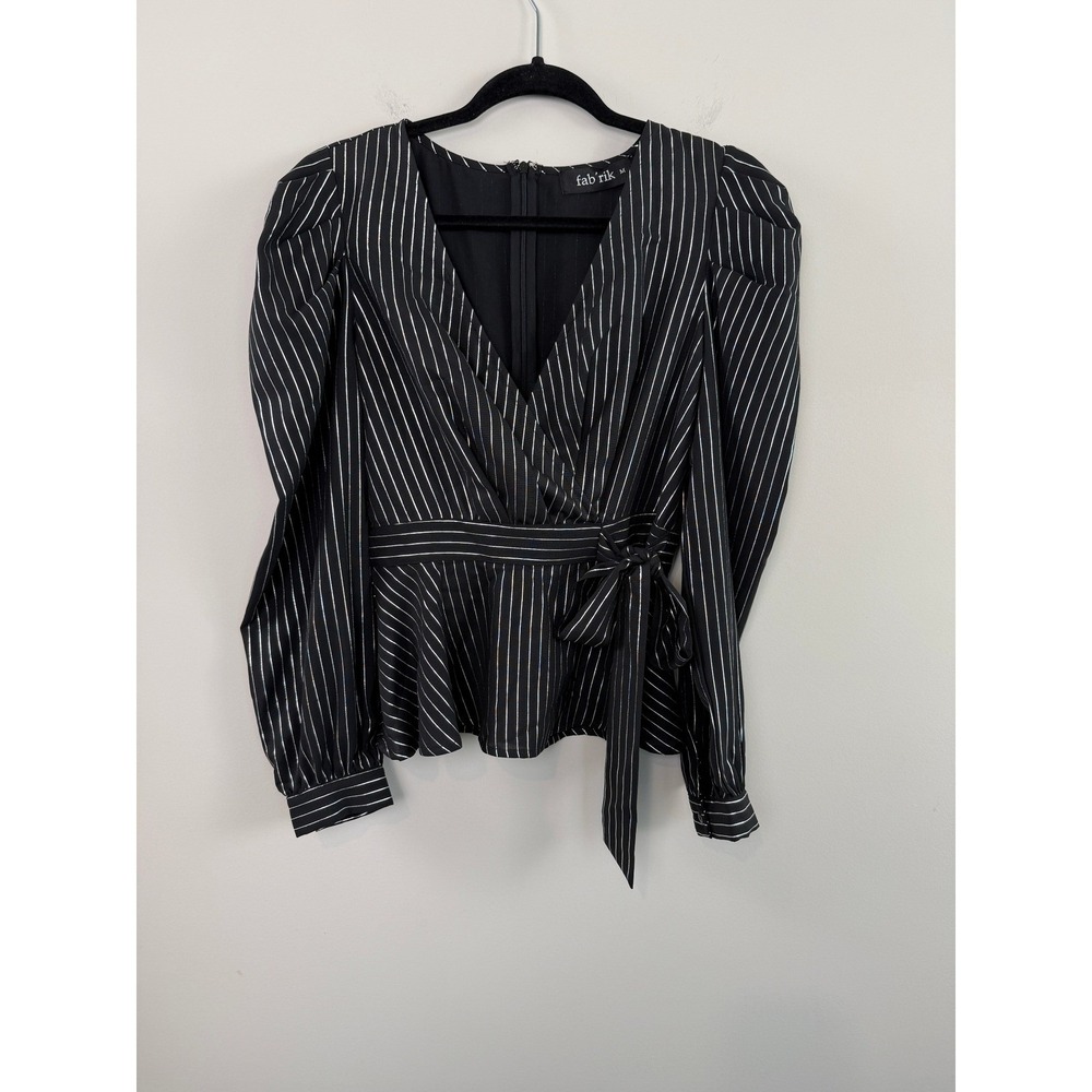Fab'rik Blouse Black M Silver Pinstripe Puff Sleeve Peplum Wrap Top Office Chic